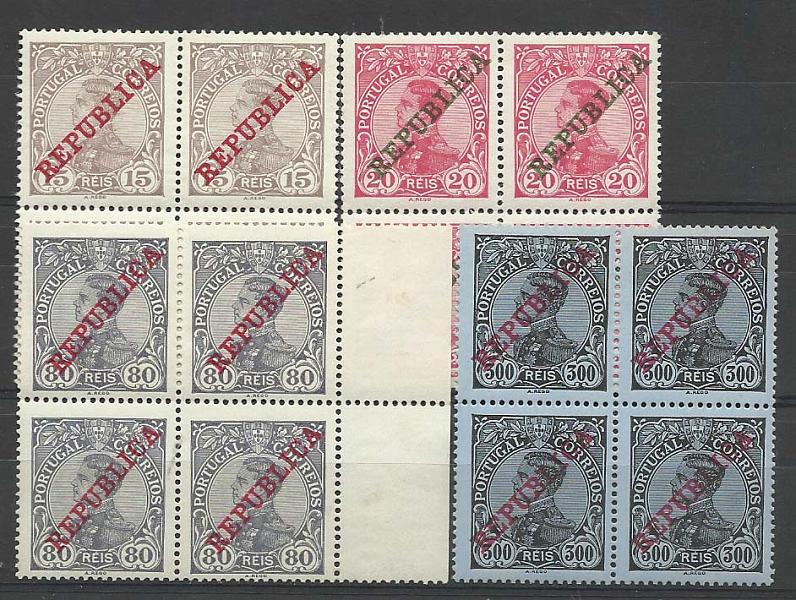 2193.jpg -     Lote:    2193      Lotes pelo Correio       Portugal       Descrição:         1910 &mdash; D. Manuel II com sobrecarga REPUBLICA. Lote de 4 quadras de 15, 20, 80 e 300 reis. CE173, 174, 178 e 181. Valor de catálogo &euro; 151,20.        ***       Valor Base:     &euro; 20,00     Valor Venda:     &euro; 20,00       