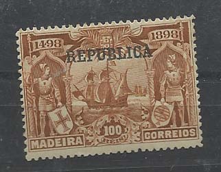2198.jpg -     Lote:    2198      Lotes pelo Correio       Portugal       Descrição:         1911 &mdash; 4.º Centenário do Descobrimento do Caminho Marítimo para a Índia, com sobrecarga REPUBLICA sobre selos postais da Madeira. CE204, 100 reis. Valor de catálogo &euro; 124,00        ***       Valor Base:     &euro; 15,00     Valor Venda:     Retirado     