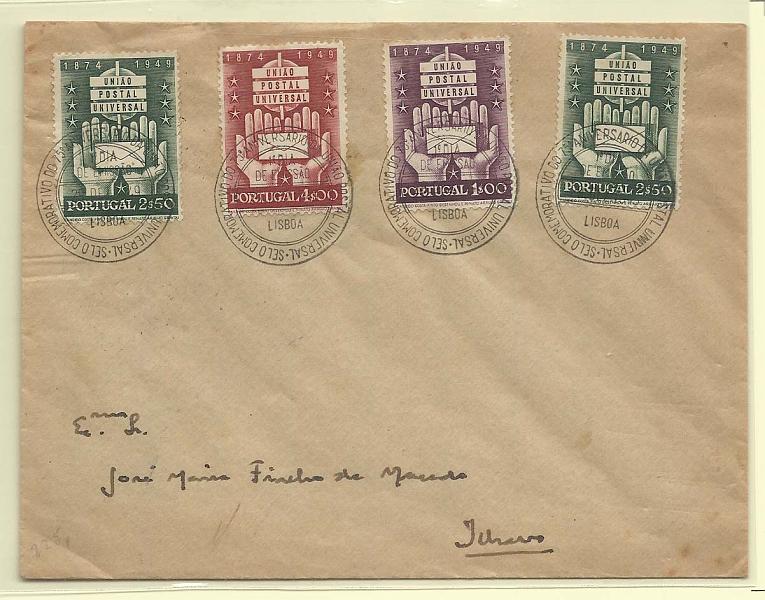 2241.jpg -     Lote:    2241      Lotes pelo Correio       Portugal       Descrição:         1949 &mdash; 75.º Aniversário da UPU. CE715/718. Sobrescrito de 1.º dia de circulação de Lisboa (29.12.49) com a série completa. Valor de catálogo &euro; 73,60.        FDC       Valor Base:     &euro; 8,00     Valor Venda:     &euro; 10,00       