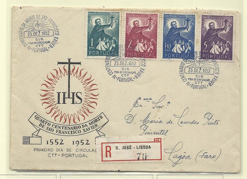 2247.jpg -     Lote:    2247      Lotes pelo Correio       Portugal       Descrição:         1952 &mdash; 4.º Centenário da morte de S. Francisco Xavier. CE759/62. Lote composto por FDC circulado registado + série completa. Valor de catálogo &euro; 135,25..        FDC/**       Valor Base:     &euro; 18,00     Valor Venda:     Retirado     