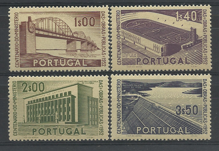 2254.jpg -     Lote:    2254      Lotes pelo Correio       Portugal       Descrição:         1952 &mdash; 1.º Centenário do Ministério das Obras Públicas. CE755/58. Série completa. Valor de catálogo &euro; 85,00.        ***       Valor Base:     &euro; 10,00     Valor Venda:     &euro; 10,00       
