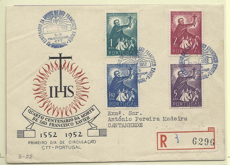 2258.jpg -     Lote:    2258      Lotes pelo Correio       Portugal       Descrição:         1952 &mdash; 4.º Centenário da Morte de S. Francisco Xavier. CE759/62. FDC com a série completa, circulado registado de Lisboa (23.12.55) para Cantanhede.        FDC       Valor Base:     &euro; 8,00     Valor Venda:     &euro; 10,00       