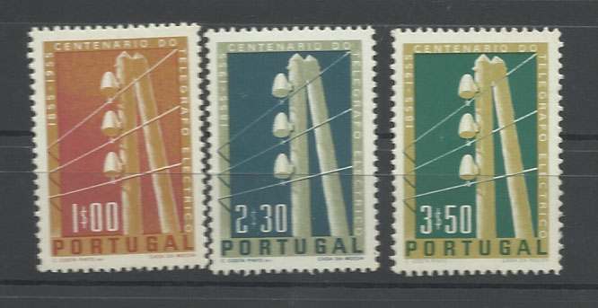 2266.jpg -     Lote:    2266      Lotes pelo Correio       Portugal       Descrição:         1955 &mdash; 1.º Centenário do Telégrafo Eléctrico em Portugal. CE815/17. Série completa. Valor de catálogo &euro; 106,00.        ***       Valor Base:     &euro; 20,00     Valor Venda:     &euro; 23,00       