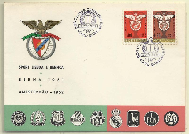 2274.jpg -     Lote:    2274      Lotes pelo Correio       Portugal       Descrição:         1963 &mdash; Dupla vitória do Benfica na Taça dos Clubes Campeões Europeus. FDC com série CE904/05, com carimbo de Lisboa (05.02.63).        FDC       Valor Base:     &euro; 5,00     Valor Venda:     &euro; 7,00       