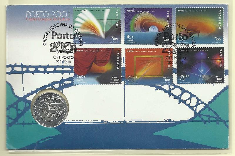 2282.jpg -     Lote:    2282      Lotes pelo Correio       Portugal       Descrição:         2001 &mdash; Porto 2001 &mdash; Capital Europeia da Cultura. CE2776/2781. FDC com série completa do Porto, incluindo a moeda de 500$00 comemorativa do evento.        Carta       Valor Base:     &euro; 8,00     Valor Venda:     &euro; 8,00       