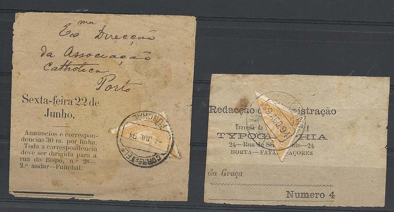 2309.jpg -     Lote:    2309      Lotes pelo Correio       Açores       Descrição:         1892/93 &mdash; D. Carlos I, tipo Diogo Neto. CE1, 5 reis laranja. Dois fragmentos de jornais cada um com selo bipartido na diagonal, como selos de recurso à taxa de 2 &frac12; reis. Valor de catálogo &euro; 60,00.        FRG       Valor Base:     &euro; 8,00     Valor Venda:     Retirado     