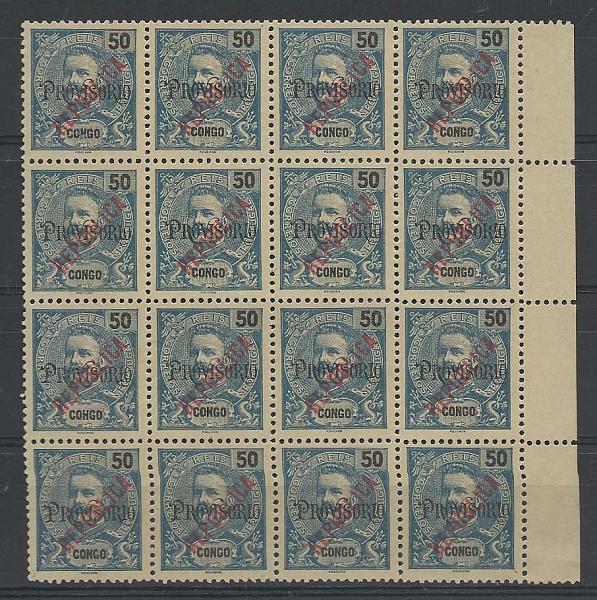 2312.jpg -     Lote:    2312      Lotes pelo Correio       Congo       Descrição:         1914/18 &mdash; D. Carlos I, com sobrecarga REPUBLICA local, sobre selos "PROVISÓRIO". CE121, 50 reis azul. Bloco de 16 selos. Valor de catálogo &euro; 33,60.        *       Valor Base:     &euro; 8,00     Valor Venda:     Retirado     