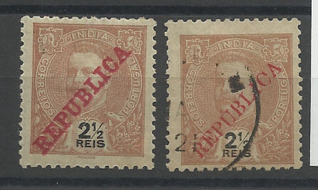 2331.jpg -     Lote:    2331      Lotes pelo Correio       Índia       Descrição:         1911/14 &mdash; D. Carlos I Mouchon com sobrecarga REPUBLICA da Casa da Moeda + idem com sobrecarga local. Lote de dois selos de 2 &frac12; reis respectivamente CE203 + CE274.        */O       Valor Base:     &euro; 3,00     Valor Venda:     Retirado     