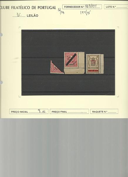 2334.jpg -     Lote:    2334      Lotes pelo Correio       Macau       Descrição:         1911 &mdash; Estampilha fiscal, com sobretaxa + D. Carlos I, com sobretaxa. CE144/145. Lote composto por um selo CE144 e um selo completo + uma metade do CE145. Valor de catálogo &euro; 29,00.        ***/*       Valor Base:     &euro; 8,00     Valor Venda:     &euro; 22,00       
