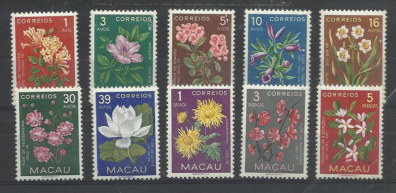2335.jpg -     Lote:    2335      Lotes pelo Correio       Macau       Descrição:         1953 &mdash; Flores de Macau. CE374/383. Série completa. Selo de 5P com mancha no verso. Lote a ver. Valor de catálogo &euro; 38,00.        ***       Valor Base:     &euro; 4,00     Valor Venda:     &euro; 8,00       