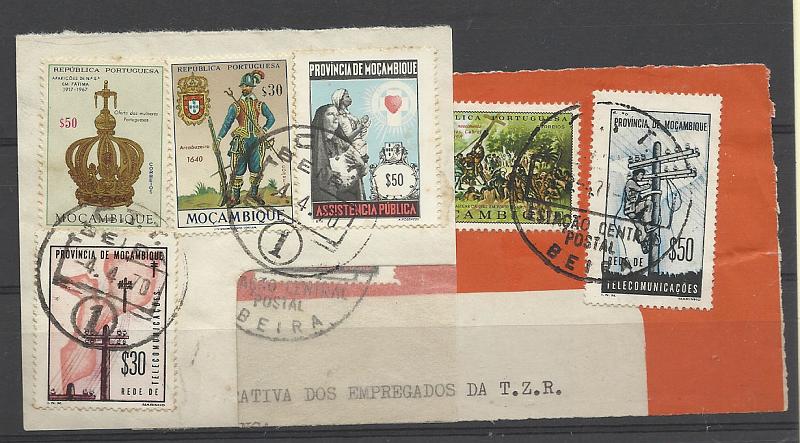 2343.jpg -     Lote:    2343      Lotes pelo Correio       Moçambique       Descrição:         1965 &mdash; Imposto Postal. Rede de Telecomunicações. Lote de dois fragmentos com selos de #30 e #50 CE68/69.        FRG       Valor Base:     &euro; 5,00     Valor Venda:     Retirado     