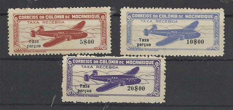2345.jpg -     Lote:    2345      Lotes pelo Correio       Moçambique       Descrição:         1947 &mdash; Correio Aéreo. "Avião", com legenda "Taxe Perçue". Lote de 3 selos 5$00, 10$00 (sem goma ) e 20$00, CE CA 20/22. Valor de catálogo &euro; 89,00.        ***/*       Valor Base:     &euro; 14,00     Valor Venda:     &euro; 14,00       