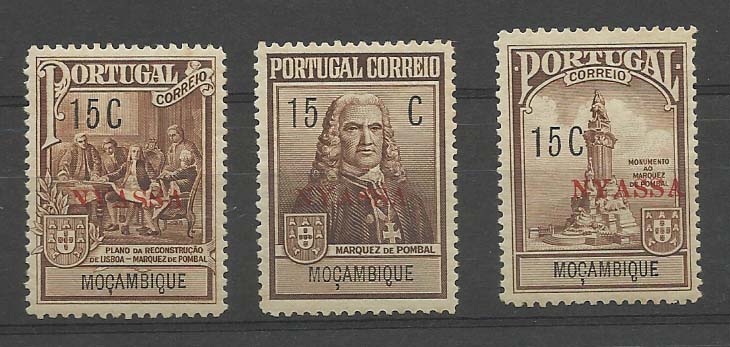 2348.jpg -     Lote:    2348      Lotes pelo Correio       Companhia do Niassa       Descrição:         1925 &mdash; Monumento ao Marquês de Pombal. Imposto Postal. CE IP 1/3. Série completa. Um selo com pontos de óxido. Valor de catálogo &euro; 57,00.        ***       Valor Base:     &euro; 10,00     Valor Venda:     Retirado     