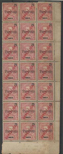 2350.jpg -     Lote:    2350      Lotes pelo Correio       Zambézia       Descrição:         1914 &mdash; D. Carlos I, com sobrecarga REPUBLICA local, sobre selos de 1902 "PROVISORIO". CE80, 75 reis. Bloco de 21 selos. Valor de catálogo &euro; 50,40.        *       Valor Base:     &euro; 10,00     Valor Venda:     Retirado     