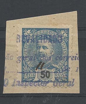 2361.jpg -     Lote:    2361      Lotes pelo Correio       Portugal       Descrição:         Marcas administrativas. 1898/96 &mdash; D. Carlos I Mouchon. CE132, 50 reis azul sobre fragmento, obliterado com marca administrativa a azul "REVALIDADO".        FRG       Valor Base:     &euro; 5,00     Valor Venda:     &euro; 5,00       