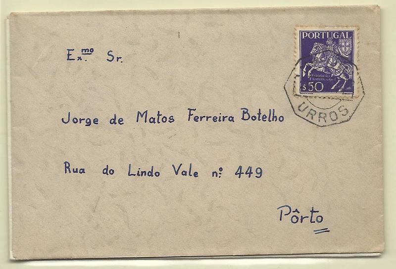 2371.jpg -     Lote:    2371      Lotes pelo Correio       Portugal       Descrição:         Carimbos octogonais. Lote de duas cartas circuladas de Urros para o Porto, cada um com selo de $50 CE637. Carimbo batido a preto URROS.        Carta       Valor Base:     &euro; 6,00     Valor Venda:     &euro; 6,00       