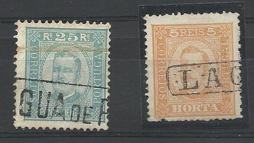 2374.jpg -     Lote:    2374      Lotes pelo Correio       Açores       Descrição:         Carimbos nominativos. 1892/93 &mdash; D. Carlos I tipo Diogo Neto. 5 reis da Horta com carimbo "LAGES" e 25 reis de Ponta Delgada com carimbo "AGUA DE PAU".        O       Valor Base:     &euro; 6,00     Valor Venda:     &euro; 6,00       