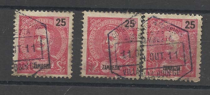 2377.jpg -     Lote:    2377      Lotes pelo Correio       Moçambique       Descrição:         Carimbos hexagonais. 1911 &mdash; D. Carlos I Mouchon, com sobrecarga REPUBLICA. Lote com três selos obliterados com marca a preto "VILLA BOCAGE".        O       Valor Base:     &euro; 5,00     Valor Venda:     Retirado     