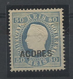 2398.jpg -     Lote:    2398      Lotes pelo Correio       Açores       Descrição:         Reimpressões de 1905. 1879/80 &mdash; D. Luís I. Fita direita. Novas cores. CE30, 50 reis azul, denteado 13 &frac12;. Valor de catálogo &euro; 40,00.        R**       Valor Base:     &euro; 8,00     Valor Venda:     &euro; 8,00       