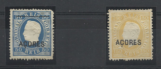 2399.jpg -     Lote:    2399      Lotes pelo Correio       Açores       Descrição:         Reimpressões de 1885. 1871/81 &mdash; D. Luís I, fita direita. Lote de duas reimpressões em denteado 13 &frac12;. Uma de 50 reis azul com traço fino de 18mm (um dente curto) e outra de 150 reis amarelo. CE30/31. Valor de catálogo &euro; 80,00.        R*       Valor Base:     &euro; 15,00     Valor Venda:     Retirado     