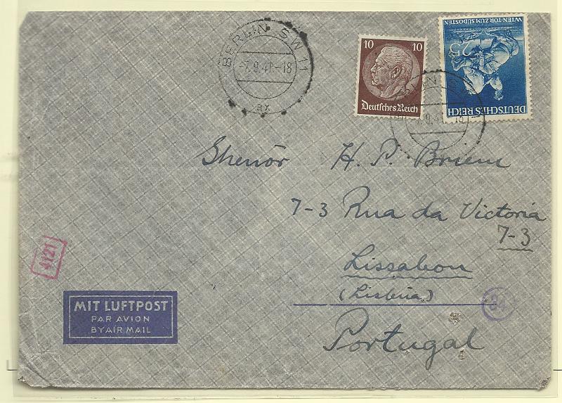 2405.jpg -     Lote:    2405      Lotes pelo Correio              Descrição:         Alemanha. Sobrescrito circulado para Lisboa (, com selos de 10 e 25pf. Censurado pelos alemães.        Carta       Valor Base:     &euro; 20,00     Valor Venda:     Retirado     