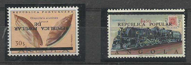 2419.jpg -     Lote:    2419      Lotes pelo Correio              Descrição:         Angola * Palops. 1977 &mdash; Conchas, com sobrecarga + 110.º Aniversário do Selo Postal de Angola. AR14, 30$00 com sobrecarga invertida + AR21, 4$50 com barra fina.        ***       Valor Base:     &euro; 6,00     Valor Venda:     &euro; 12,00       
