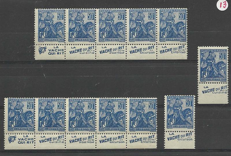 2455.jpg -     Lote:    2455      Lotes pelo Correio              Descrição:         França. 1929 &mdash; Joana d'Arc. Doze selos de 50c azul, com vinhetas publicitárias ao queijo "La Vache qui Rit". Yv257. Valor de catálogo &euro; 60,00.        ***       Valor Base:     &euro; 20,00     Valor Venda:     Retirado     