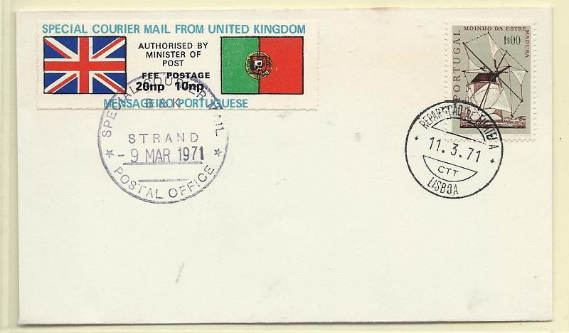2493.jpg -     Lote:    2493      Lotes pelo Correio              Descrição:         Reino Unido. Greve dos correios de 1971. Sobrescrito com selo temporário + selo de Portugal de 1$00 CE1093 (Moinhos Portugueses).        Carta       Valor Base:     &euro; 5,00     Valor Venda:     &euro; 6,00       