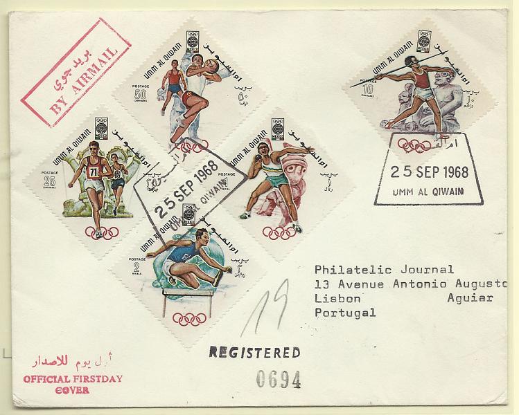2521.jpg -     Lote:    2521      Lotes pelo Correio              Descrição:         Umm al Qiwain. 1938 &mdash; Jogos Olímpicos de 1968. FDC com série.        FDC       Valor Base:     &euro; 10,00     Valor Venda:     Retirado     