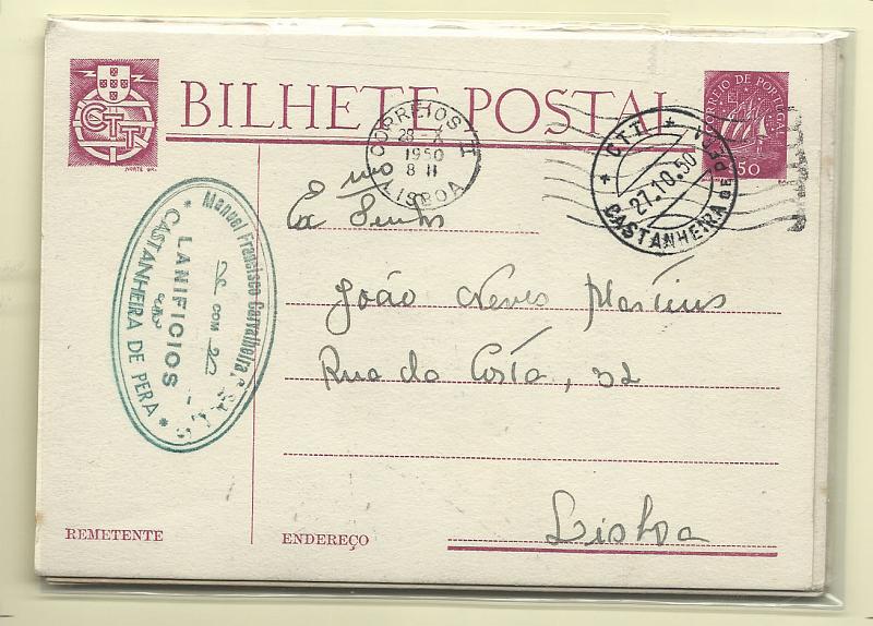 2554.jpg -     Lote:    2554      Lotes pelo Correio              Descrição:         Portugal. Lote com 3 inteiros circulados (MO115 &mdash; 21 e 22, e 116) com carimbos diferentes de "CASTANHEIRA DE PERA" e 5 postais ilustrados publicitários (furo de arquivo). Lote a ver.        Lote       Valor Base:     &euro; 4,00     Valor Venda:     &euro; 4,00       