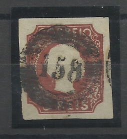 0007.jpg -     Lote:    7      Colecção "D. Pedro V"             Descrição:         1855/56 &mdash; D. Pedro V. Cabelos lisos. CE5, castanho vermelho, cunho V, com margens normais. Bonito exemplar obliterado com carimbo numérico da 1.ª reforma tipo 20 barras "158 &mdash; Vila Nova de Ourém * MUITO RARO". Valor de catálogo &euro; 1.700,00.         O       Valor Base:     &euro; 300,00     Valor Venda:     &euro;      