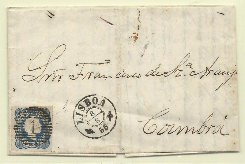 0014.jpg -     Lote:    14      Colecção "D. Pedro V"             Descrição:         1855/56 &mdash; D. Pedro V. Cabelos lisos. CE6, 25 reis azul, cunho I, em carta circulada de Lisboa (08.09.55) para Coimbra. Selo com margens normais.         Carta       Valor Base:     &euro; 20,00     Valor Venda:     &euro;      