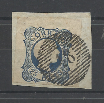 0021.jpg -     Lote:    21      Colecção "D. Pedro V"             Descrição:         1855/56 &mdash; D. Pedro V. Cabelos lisos. CE7, 25 reis azul, cunho II, com margens de luxo, obliterado com carimbo numérico da 1.ª reforma tipo 20 barras "48 &mdash; ANGRA". Precursor dos Açores. Valor de catálogo &euro; 110,00.         O       Valor Base:     &euro; 25,00     Valor Venda:     &euro;      