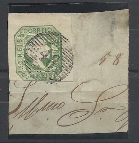 0037.jpg -     Lote:    37      Colecção "D. Pedro V"             Descrição:         1855/56 &mdash; D. Pedro V. Cabelos lisos. CE8, 50 reis verde amarelo, papel médio. Fragmento com selo muito bonito com três margens de luxo e uma curta, obliterado com carimbo da 1.ª reforma tipo 20 barras "48 &mdash; ANGRA". Precursor dos Açores. Valor de catálogo &euro; 170,00.         FRG       Valor Base:     &euro; 30,00     Valor Venda:     &euro;      