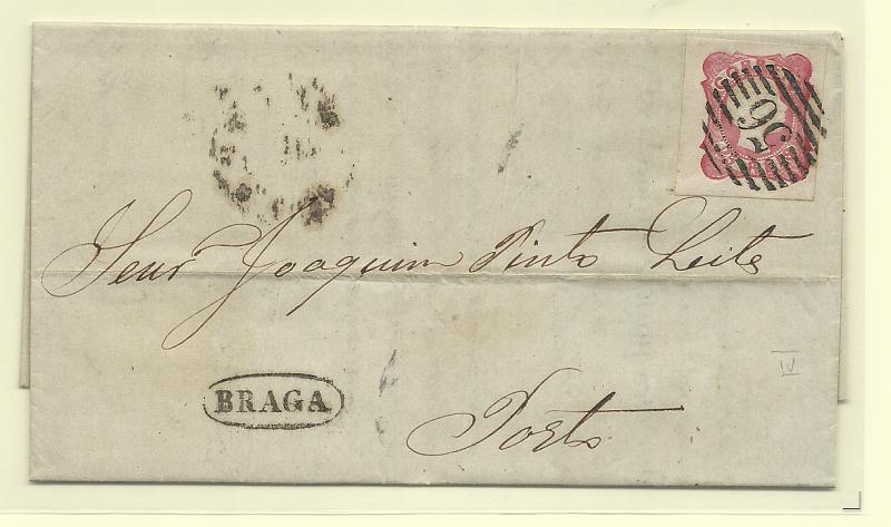 0124.jpg -     Lote:    124      Colecção "D. Pedro V"             Descrição:         1856/58 &mdash; D. Pedro V. Cabelos anelados. CE13, 25 reis carmim rosa, cunho IV, com margens normais, em carta circulada de Braga para o Porto (10.01.59). Carimbos batidos a preto: numérico da 1.ª reforma "56", tipo 4.3.4 + nominativo de "BRAGA".         Carta       Valor Base:     &euro; 15,00     Valor Venda:     &euro;      
