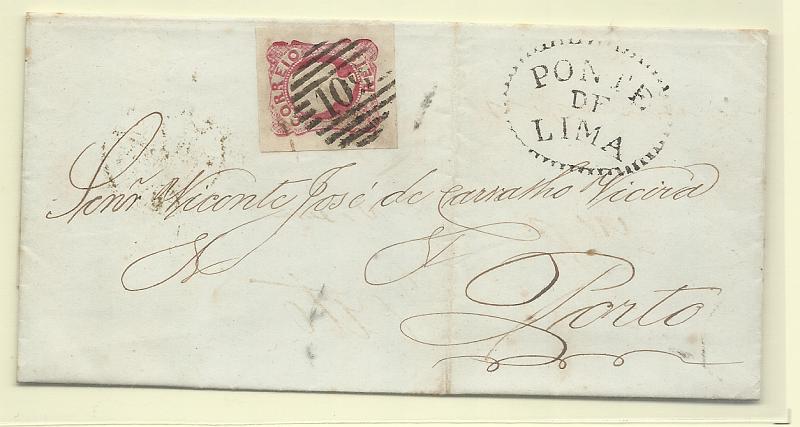 0126.jpg -     Lote:    126      Colecção "D. Pedro V"             Descrição:         1856/58 &mdash; D. Pedro V. Cabelos anelados. CE13, 25 reis carmim rosa, cunho III, com margens muito largas, em carta circulada de Ponte de Lima para o Porto (01.12.59). Carimbos batidos a preto: numérico da 1.ª reforma "109", tipo 4.3.4 + nominativo de "PONTE DE LIMA".         Carta       Valor Base:     &euro; 15,00     Valor Venda:     &euro;      