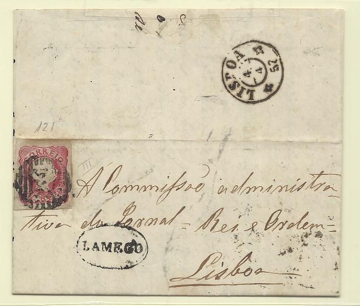 0242.jpg -     Lote:    242            Portugal       Descrição:         1856/58 &mdash; D. Pedro V, cabelos anelados. CE13, 25 reis carmim, cunho III, com boas margens em carta circulada de Lamego (31.03.57) para Lisboa (04.04.57). Carimbo batido a preto de LAMEGO.         Carta       Valor Base:     &euro; 15,00     Valor Venda:     &euro;      