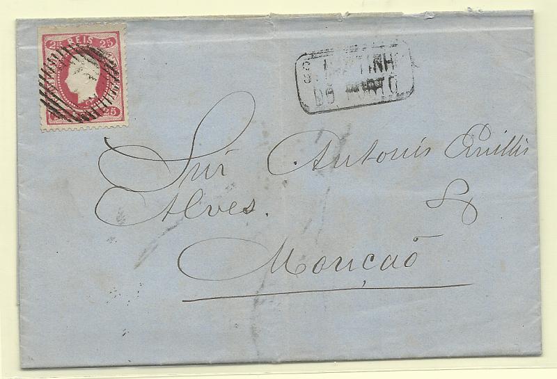 0245.jpg -     Lote:    245            Portugal       Descrição:         1866/67 &mdash; D. Luís I, fita curva, não denteados. CE22, 25 reis carmim em carta circulada de S. Martinho do Porto (18.03.69) para Lisboa (19.03.69). Carimbos batido a preto "S. MARTINHO / DO PORTO".         Carta       Valor Base:     &euro; 20,00     Valor Venda:     &euro;      