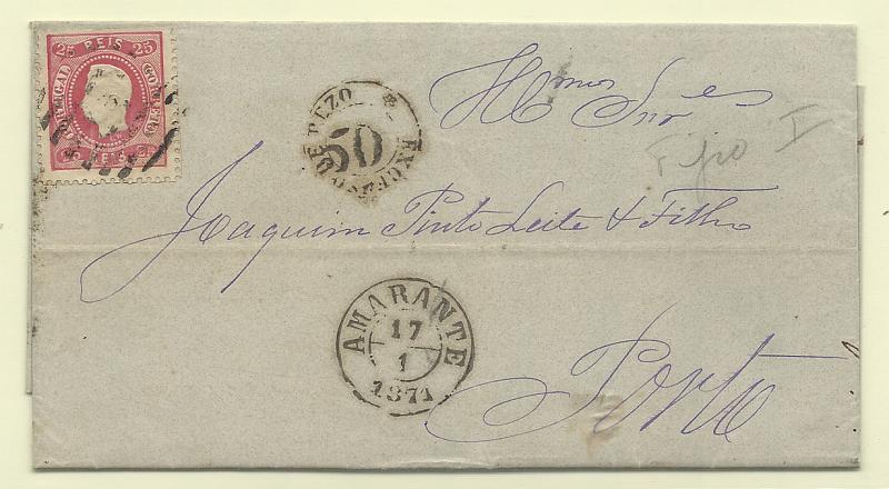 0248.jpg -     Lote:    248            Portugal       Descrição:         1867/70 &mdash; d. Luís I. Fita curva, denteados. CE30, 25 reis carmim em sobrescrito circulado de Amarante (17.01.71) para o Porto. Porteado por excesso de peso em 50 reis. Carimbo de duplo círculo batido a preto "EXCESSO DE PEZO / 50". MB e R.         Carta       Valor Base:     &euro; 50,00     Valor Venda:     &euro;      