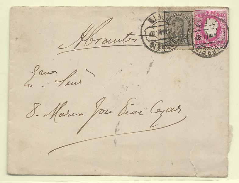 0257.jpg -     Lote:    257            Portugal       Descrição:         1884 &mdash; D. Luís, fita direita, novos valores + D. Luís I, de frente. Sobrescrito circulado do Porto (06.05.87) para Abrantes (29.05.87) com selos de 5 reis, denteado 11 &frac12;, CE60 e selo de 20 reis carmim, denteado 13 &frac12;, papel porcelana, CE66. MB e MR.         Carta       Valor Base:     &euro; 200,00     Valor Venda:     &euro;      
