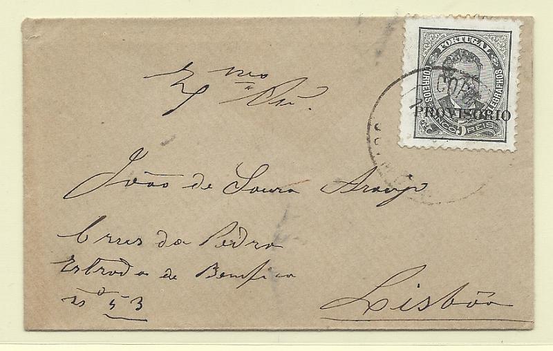 0259.jpg -     Lote:    259            Portugal       Descrição:         1892/93 &mdash; D. Luís I. Sobrecargas PROVISORIO. CE80, 5 reis preto, denteado 11 &frac12;, sobre sobrescrito de reduzidas dimensões (cartões de visita) circulado em Lisboa (13.07.93). Porte interno de impresso.         Carta       Valor Base:     &euro; 20,00     Valor Venda:     &euro;      