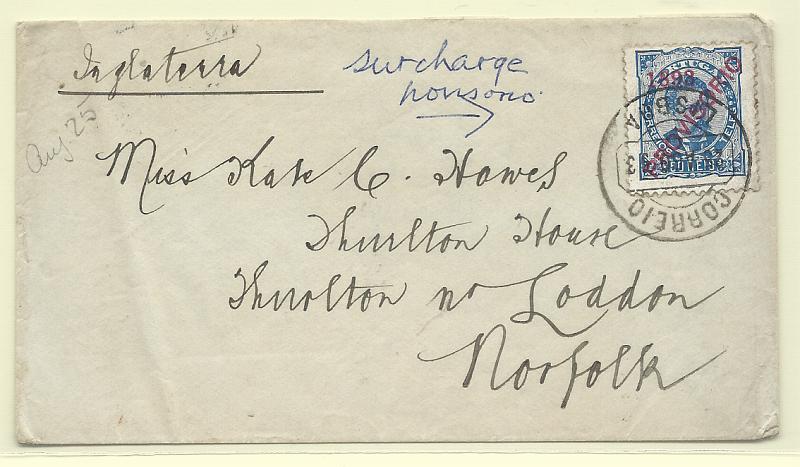 0261.jpg -     Lote:    261            Portugal       Descrição:         1892/93 &mdash; D. Luís I. Sobrecargas PROVISORIO. Sobrecarga D. CE93, 50 reis azul em sobrescrito circulado de Lisboa (25.08.93) para Norfolk (29.08.93). MB.         Carta       Valor Base:     &euro; 50,00     Valor Venda:     &euro;      