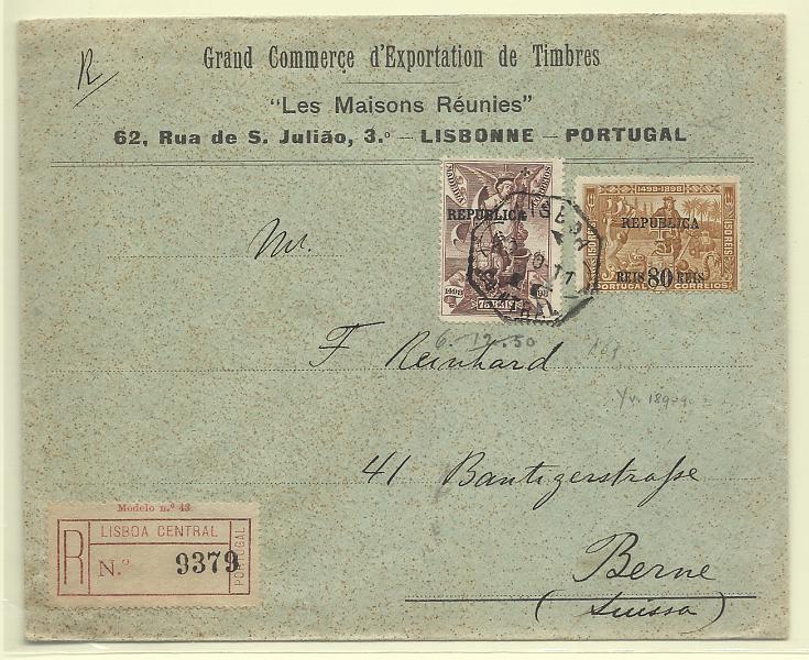 0267.jpg -     Lote:    267            Portugal       Descrição:         1911 &mdash; 4.º Centenário do Descobrimento do Caminho Marítimo para a Índia, com sobrecarga REPUBLICA e sobretaxa, sobre selos de Portugal e Madeira. Sobrescrito circulado registado de Lisboa (21.10.11) para Berna (24.10.11) com selos de 75 reis CE188 e 80 s/150 reis CE203. MB.         Carta       Valor Base:     &euro; 50,00     Valor Venda:     &euro;      