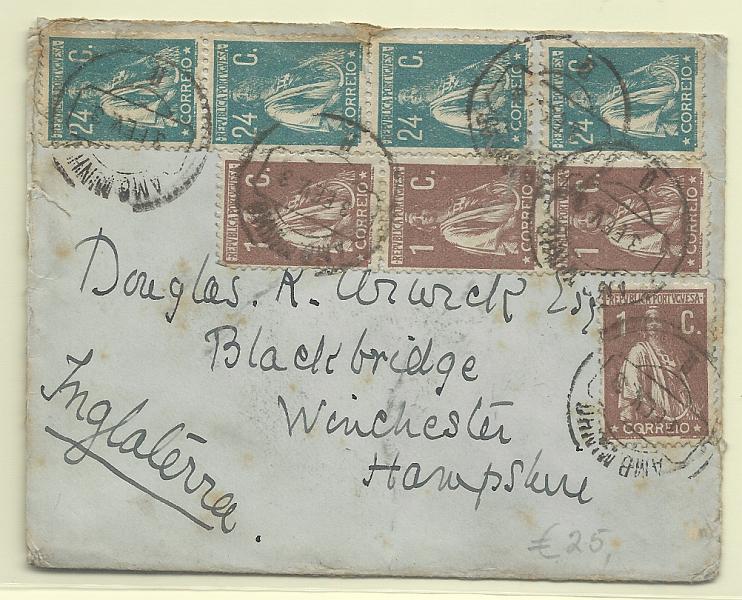 0272.jpg -     Lote:    272            Portugal       Descrição:         1917/22 &mdash; Ceres. Sobrescrito circulado pela Amb. Minho II (3.FEV.3 erro datador) para Inglaterra, com 4 selos de 1C castanho e 4 selos de 24C verde. CE221 e 241.         Carta       Valor Base:     &euro; 20,00     Valor Venda:     &euro;      