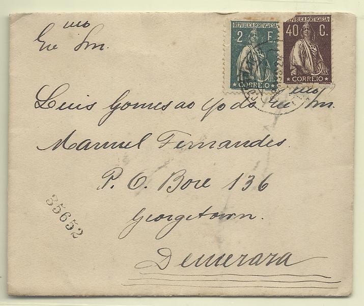 0275.jpg -     Lote:    275            Portugal       Descrição:         1920/22 &mdash; Ceres. Sobrescrito circulado registado do Funchal (28.08.24) para Damerara (13.09.24) com selos de 40C e 2E CE283 e 251.         Carta       Valor Base:     &euro; 60,00     Valor Venda:     &euro;      