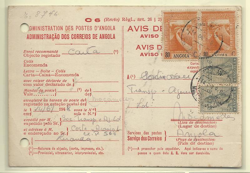 0314.jpg -     Lote:    314            Angola       Descrição:         1932/38 &mdash; Ceres + Império Colonial Português. Aviso de recepção de carta circulada de Moçamedes (14.06.48) para Luanda (15.06.48) com selos de 20c (2) CE232 + 2x80c CE269. Furos de arquivo.         AR       Valor Base:     &euro; 15,00     Valor Venda:     &euro;      