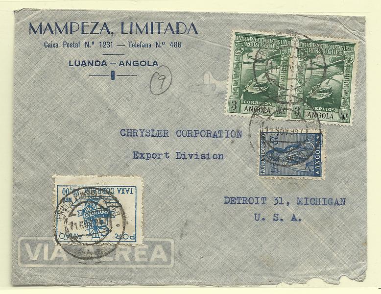 0318.jpg -     Lote:    318            Angola       Descrição:         1947 &mdash; Correio Aéreo * Emblema dos CTT + Império Colonial Português + Ceres. Sobrescrito circulado por via aérea de Luanda (11.11.47) para Detroit, com selo de 20Ags azul CE CA18 + 3x3$00 CE CA6 e 1$75 CE291. MB e MR.         Carta       Valor Base:     &euro; 750,00     Valor Venda:     &euro;      