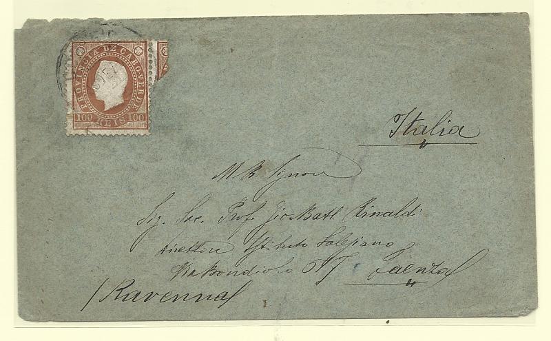 0320.jpg -     Lote:    320            Cabo Verde       Descrição:         1886 &mdash; D. Luís I, fita direita. CE21, 100 reis castanho em sobrescrito circulado de S. Vicente (29.12.91) para a Itália.         Carta       Valor Base:     &euro; 60,00     Valor Venda:     &euro;      