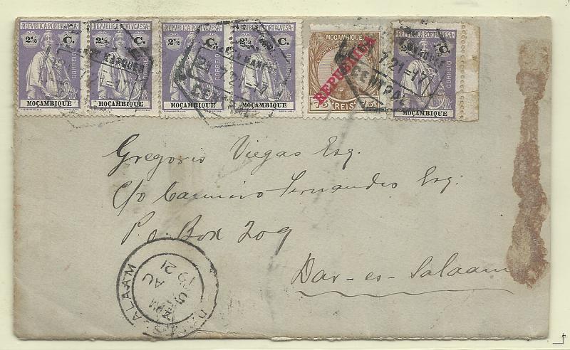 0337.jpg -     Lote:    337            Moçambique       Descrição:         1911/14 &mdash; D. Manuel II + Ceres. Sobrescrito circulado de Lourenço Marques (21.07.21) para Dar-es-Salam (05.08.21) com selo de 75 reis CE124 + 5 selos de 2 &frac12; c de Moçambique CE158 + 19 selos de 2c de Lourenço Marques CE121 + dois selos de 1c CE119, perfazendo o porte de 60c. Interessante combinação de porte.         Carta       Valor Base:     &euro; 30,00     Valor Venda:     &euro;      