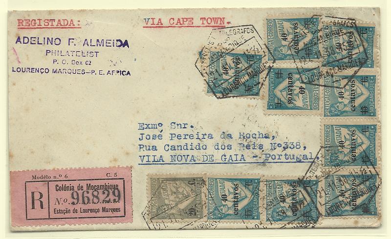 0341.jpg -     Lote:    341            Moçambique       Descrição:         1933/38 &mdash; Lusíadas + Lusíadas com sobretaxa. Sobrescrito circulado registado de Lourenço Marques (21.11.38) para Vila Nova de Gaia (09.12.38) com selo de 20c CE274 e 9 selos de 40c s/ 15c CE307.         Carta       Valor Base:     &euro; 10,00     Valor Venda:     &euro;      